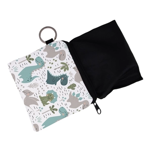 Square dinosaur print coin purse with metal keyring and black zipper closure on white background