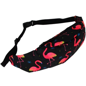 Colorful floral fanny pack for women featuring pink flamingo patterns and adjustable strap