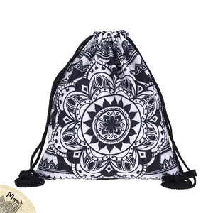 Detail of black and white mandala print drawstring backpack with durable thick rope straps