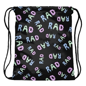 Black drawstring backpack with colorful melting RAD letter print for casual sports use
