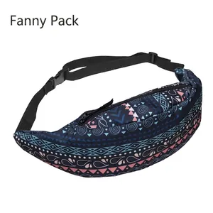 Vintage geometric print waist bag with bohemian patterns and adjustable black strap for women