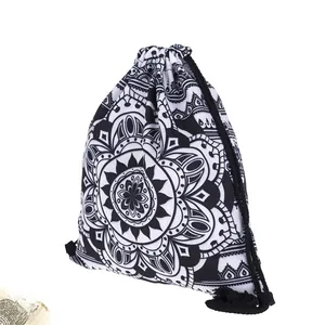 Detailed macro view of black and white mandala printed drawstring backpack bag