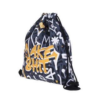 Graffiti printed drawstring backpack in dark grey with yellow art text and nylon straps