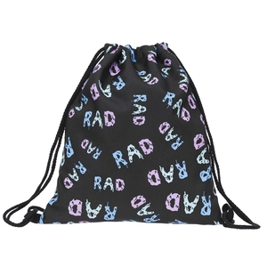 Detail of durable black drawstring bag featuring colorful RAD artistic lettering print