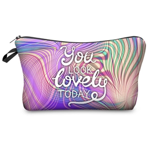 Colorful wave print makeup bag with You Look Lovely Today text and black zipper