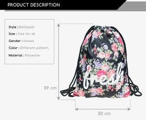Detailed size specifications for the floral drawstring backpack showing 39x30cm dimensions