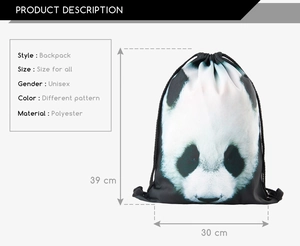 Detail showing panda print drawstring backpack dimensions 30x39cm in polyester fabric