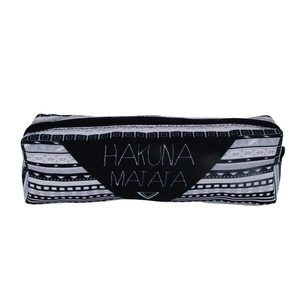 Detailed view of the digital print Hakuna Matata makeup bag with black and white patterns