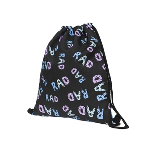 Detail view of black drawstring backpack with purple and blue liquid RAD letter printing