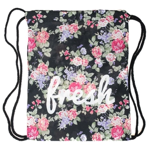 Floral drawstring backpack with pink flower print and white fresh text on black background