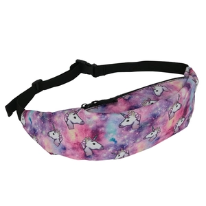 Detail of unicorn print fanny pack with purple starry sky pattern and black adjustable strap