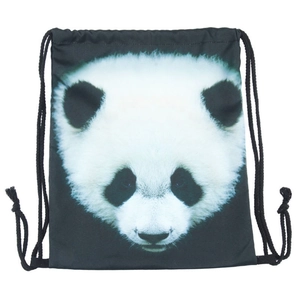 Black drawstring backpack with realistic giant panda face print for casual travel storage