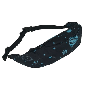 Close-up of black waist bag with galaxy stars print and adjustable buckle strap