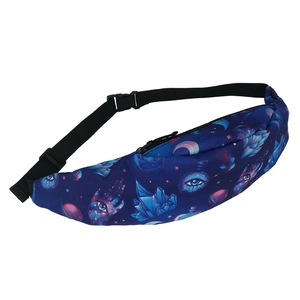 Detail view of a navy blue waist bag with mystic eye and crystal prints and zipper
