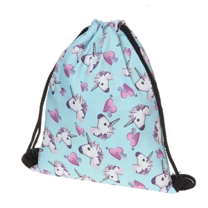 Detail of the blue unicorn print drawstring bag with pink hearts and black ropes
