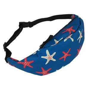 Close-up of sporty fanny pack with red starfish print and adjustable buckle strap