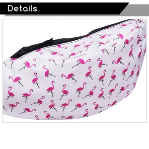 Outdoor waist bag featuring pink flamingo digital prints on white canvas with black zipper