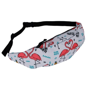 Detail view of the tropical unicorn print waist bag with flamingo and summer motifs