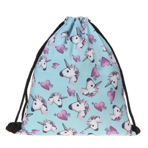 Kids unicorn drawstring backpack with heart prints and light blue background