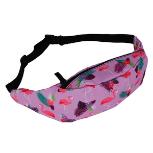 Close-up of vibrant tropical flamingo print waist bag with adjustable black nylon strap