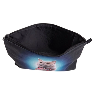 Macro shot of blue cat makeup bag interior storage with durable metal zipper