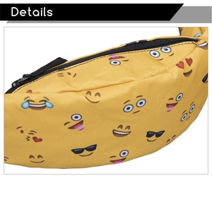 Sac banane jaune pour femme à motif emoji, fermeture éclair noire et imprimés cartoon