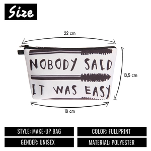 Detailed size chart of a white polyester makeup bag featuring mascara print and typography