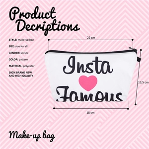 Polyester makeup bag with Insta Famous print and dimensions of 22cm width by 13.5cm height