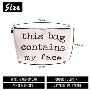 Macro detail of polyester makeup bag with 'this bag contains my face' lettering print