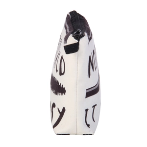 Canvas makeup bag with black letter print and zipper closure for multi-purpose storage