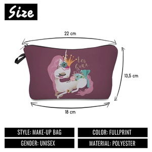 Purple unicorn makeup bag for women with Be the Queen print and zipper closure