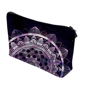 Digital print mandala cosmetic bag featuring purple galaxy patterns on black fabric