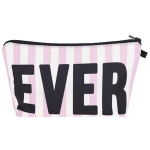 Macro detail of the pink striped makeup bag featuring bold EVER letter printing