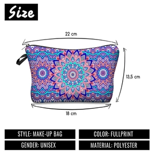 Size guide for multi-colored mandala polyester makeup pouch with zipper closure