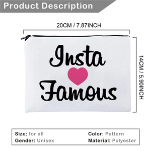 White canvas makeup bag with Insta Famous print and pink heart, size 20x14cm