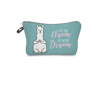Detailed view of teal llama makeup bag featuring white alpaca print and zipper closure