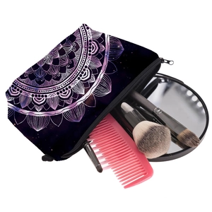 Mandala print makeup bag with purple starry design and zipper for cosmetic storage