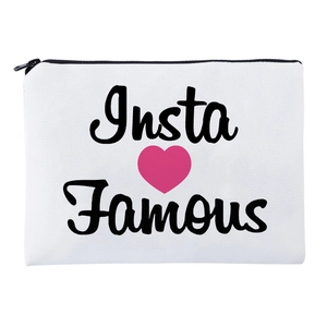 White canvas pouch with Insta Famous print and pink heart for makeup or stationery storage