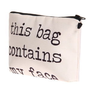 Off-white canvas makeup bag with 'this bag contains my face' slogan and black zipper