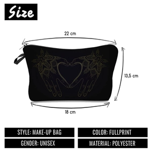 Black polyester cosmetic bag with golden mandala heart and dimensions 22x13.5x18cm
