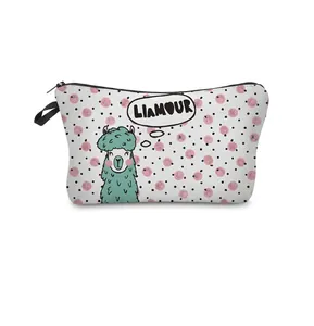 Detail of canvas makeup bag with pink polka dots and cute llama print with top black zipper
