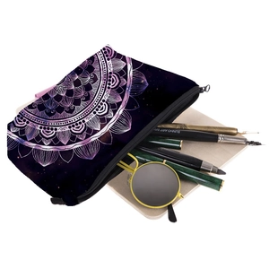 Deep purple mandala makeup bag showcasing interior storage with pens and notebook