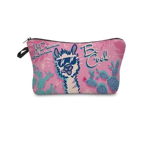 Detail view of pink Llama makeup bag with zipper closure and durable wrist strap