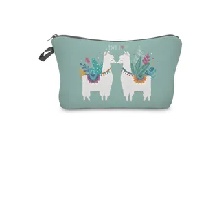 Detail view of mint green makeup bag with llama love print and zipper closure