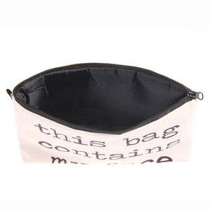 Canvas makeup bag with 'this bag contains my face' print and black metal zipper closure