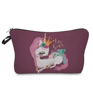 Women Cartoon Unicorn Print Makeup Bag Polyester Travel Toiletry Organizer Portable Zipper Cosmetic Pouch Case Gift
