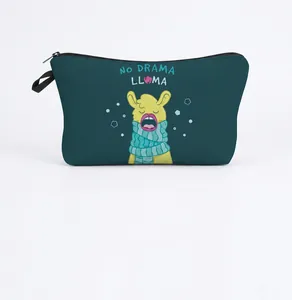 Close-up of green canvas makeup bag with cute yellow llama and No Drama Llama text