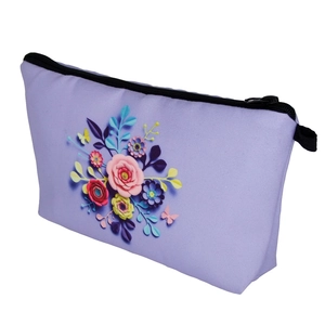 Multifunctional purple cosmetic bag with 3D floral rose print and black zipper