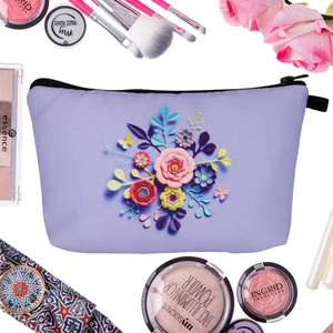 Purple floral makeup bag with 3D paper-cut flower prints and black zipper closure