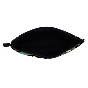 Internal view of colorful geometric tribal makeup bag with black lining and secure zipper